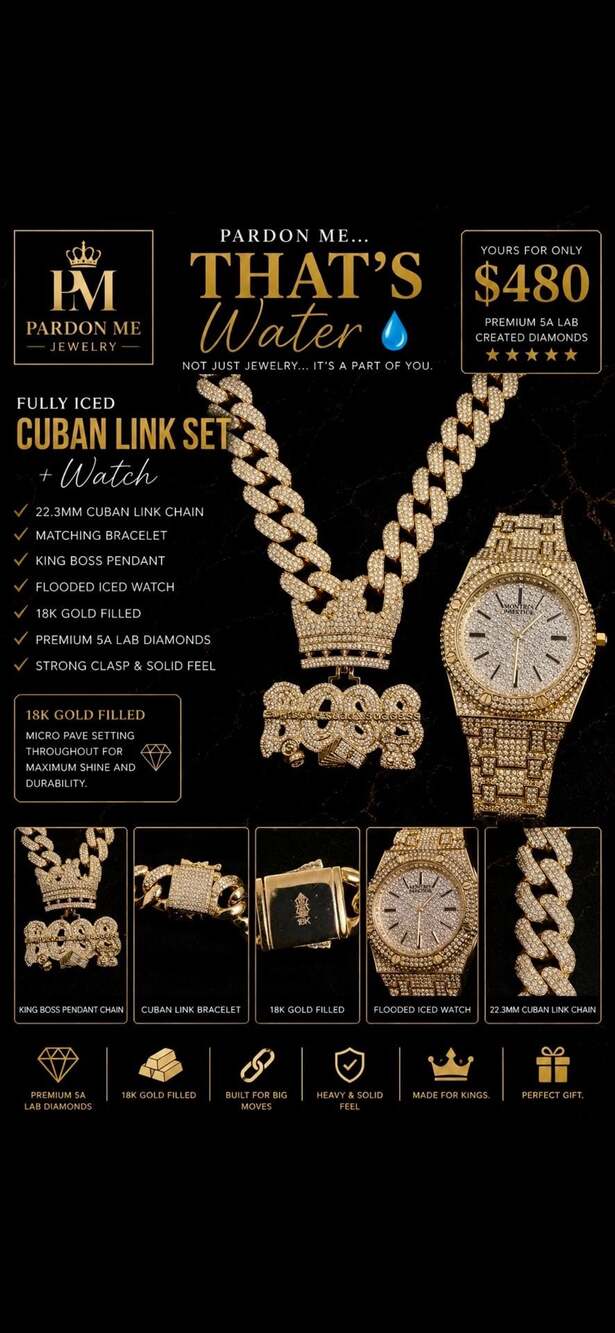 18k Gold Filled Iced Out Boss Crown Pendant and Cuban Link Chain Set with Matchi